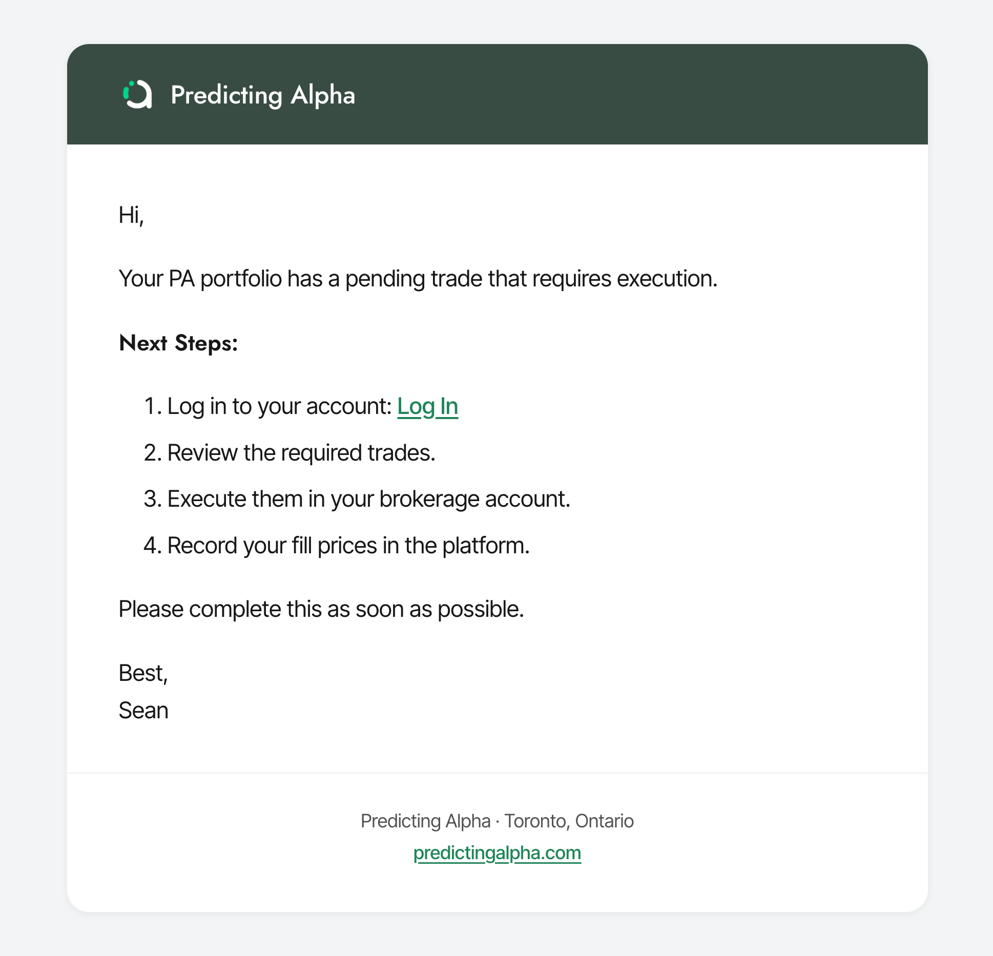Predicting Alpha trade-alert email